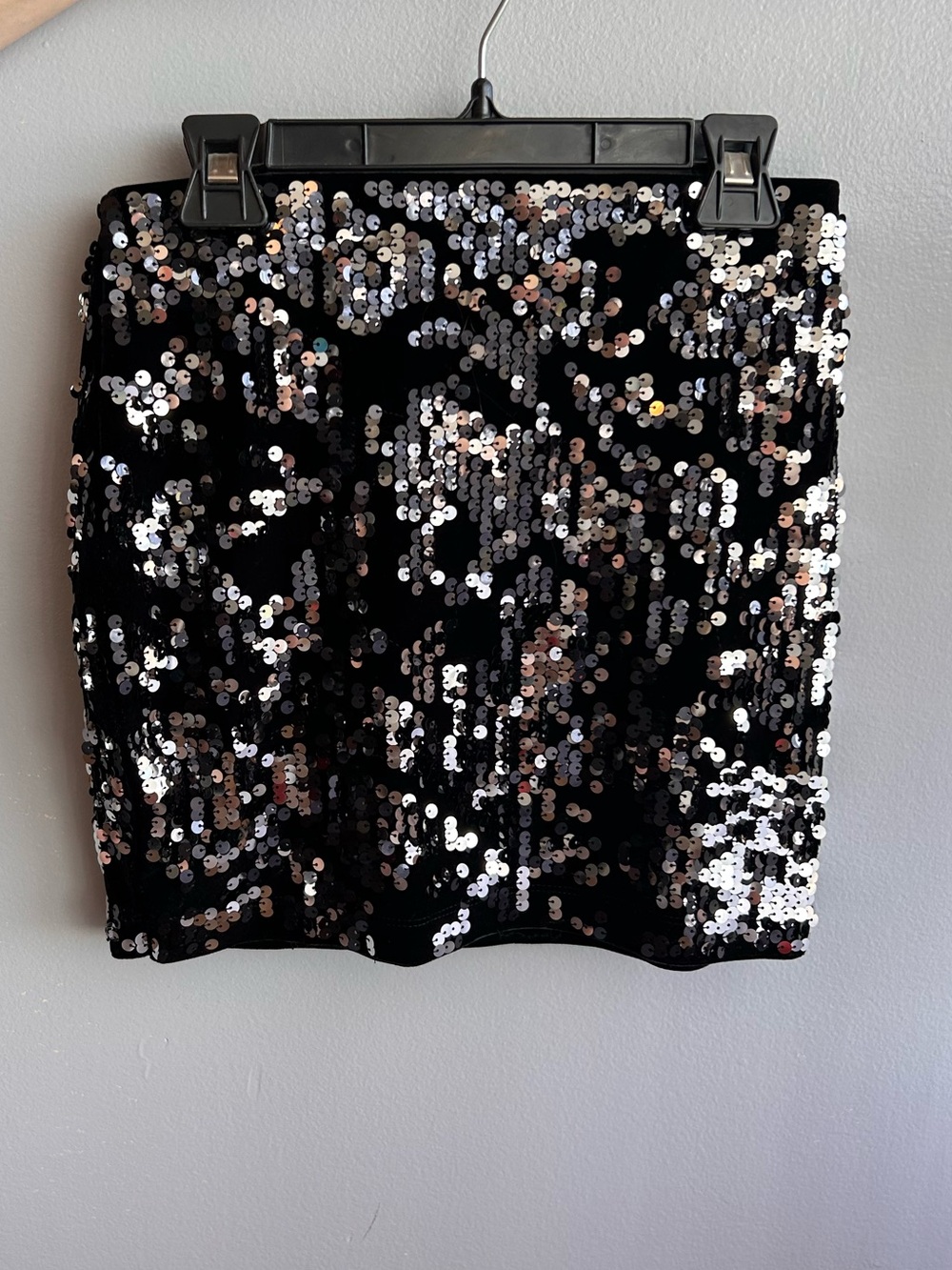 Express Black Sequin Mini Skirt with Silver Accents
